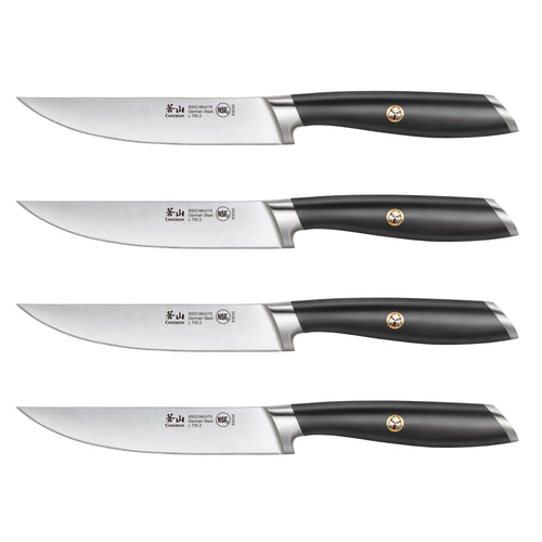 Four steak knives with black handles and stainless steel blades, each blade marked with brand and certification logos.