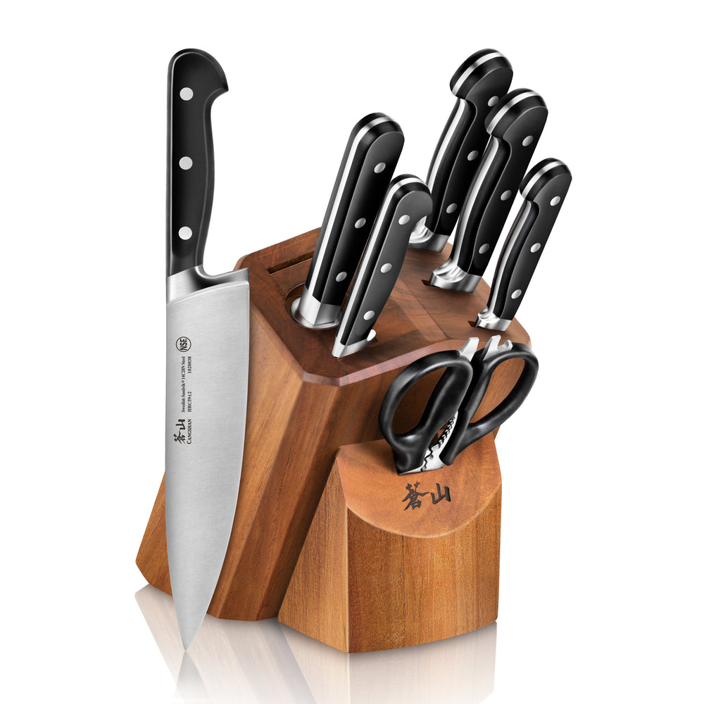 
                  
                    Load image into Gallery viewer, Cangshan TV2 Series 1023039 Swedish 14C28N Steel Forged 8-Piece Knife Block Set, Acacia
                  
                