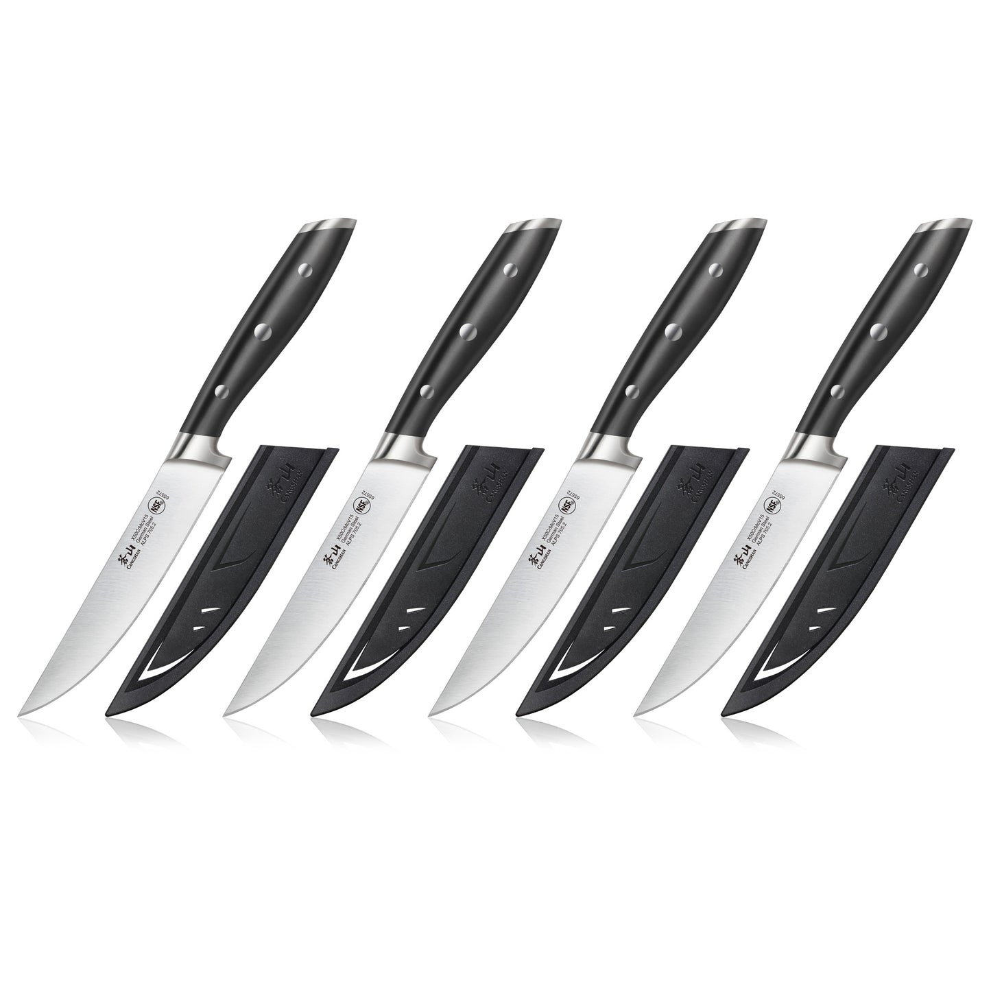 Four black-handled steak knives with stainless steel blades, each paired with a black protective sheath.