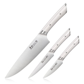 
                    
                      Three kitchen knives with stainless steel blades and white handles, arranged by size from largest to smallest.
                    
                  