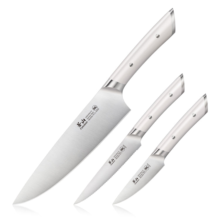 Three kitchen knives with stainless steel blades and white handles, arranged by size from largest to smallest.