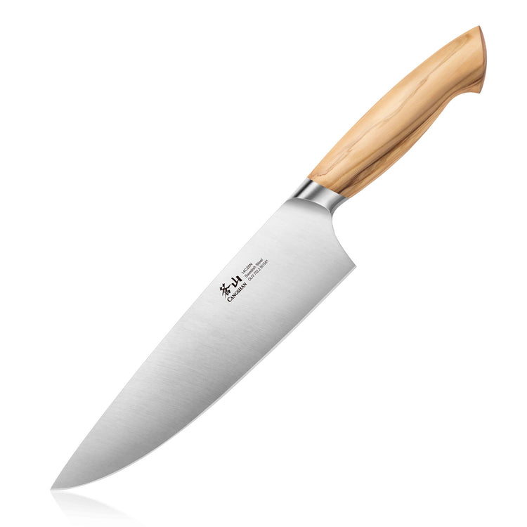 8-inch chef knife with a stainless steel blade and smooth olivewood handle on a white background