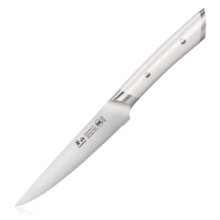 5-inch serrated utility knife with full metal handle and forged German steel blade.