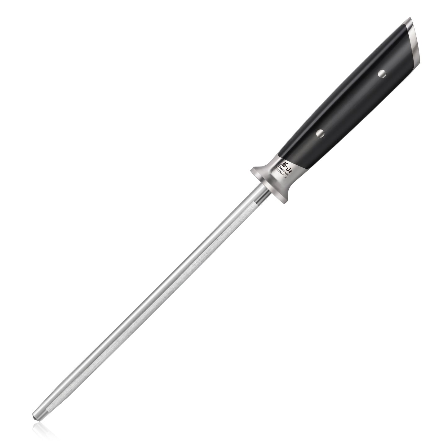8-inch honing steel with a black handle and metal guard for knife sharpening.