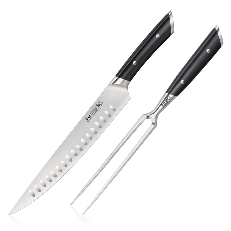 Carving knife with hollow edge and two-prong carving fork, both with black handles and metal rivets.