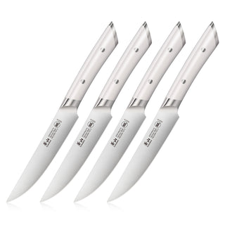 
                    
                      Set of four steak knives with white handles and stainless steel blades, each blade marked with brand and steel type.
                    
                  