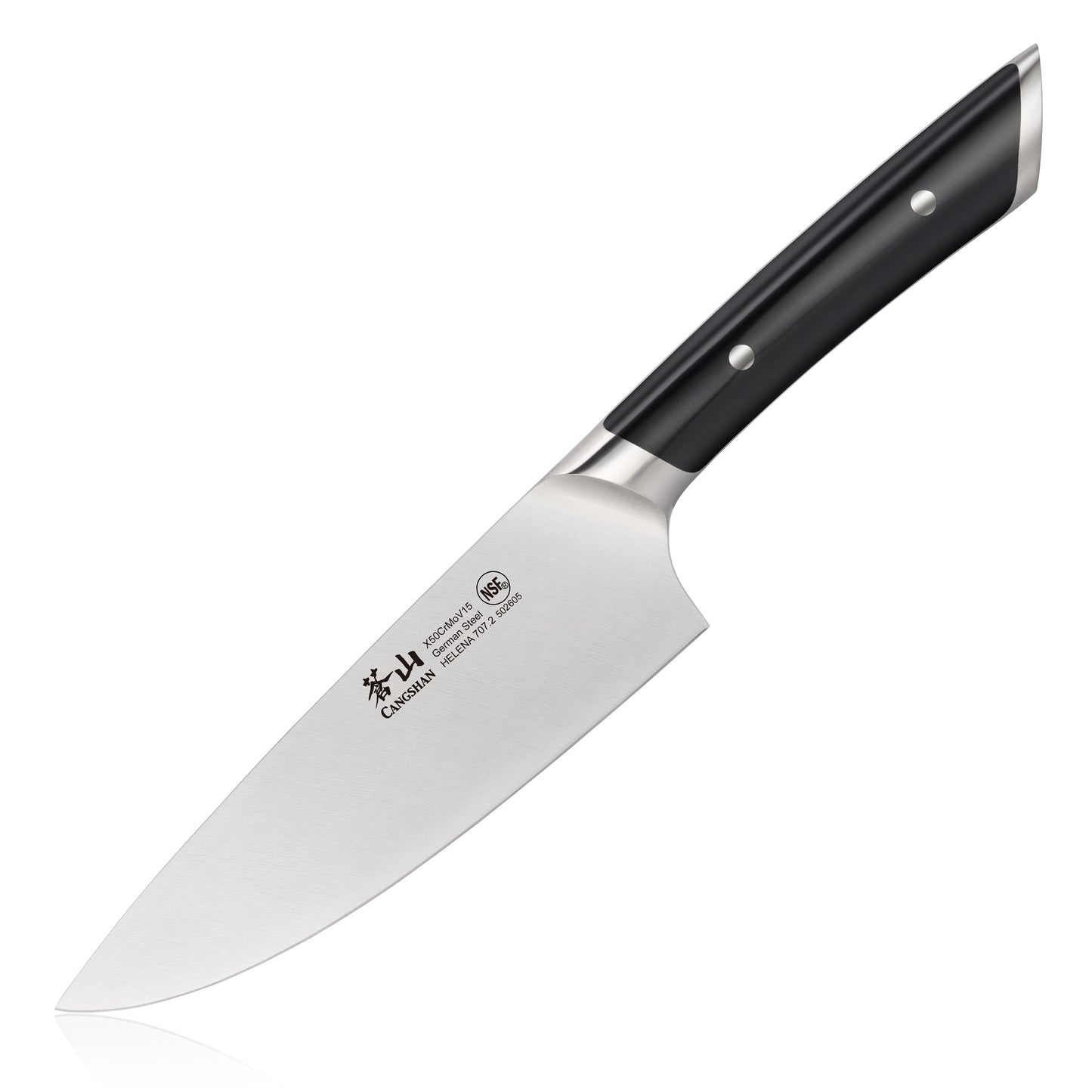 6-inch chef's knife with a stainless steel blade and black ergonomic handle with two rivets.