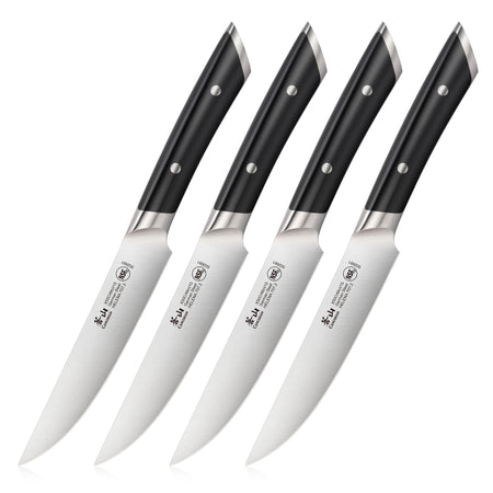 Four steak knives with black handles and stainless steel blades arranged in a row.