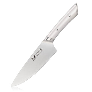 
                    
                      6-inch chef's knife with a stainless steel blade and a smooth, riveted metal handle.
                    
                  
