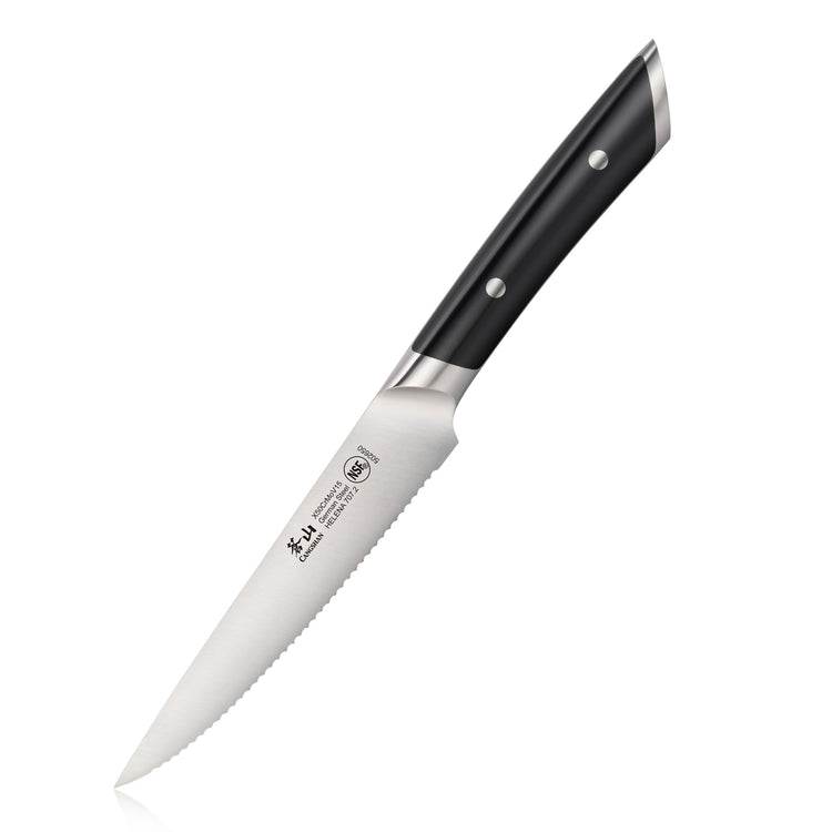 5-inch serrated utility knife with black handle and stainless steel blade marked with brand and specifications.