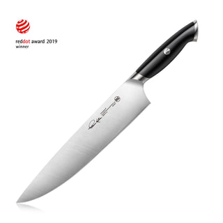 
                    
                      10-inch chef's knife with black ergonomic handle and polished stainless steel blade, Red Dot Award 2019 winner.
                    
                  