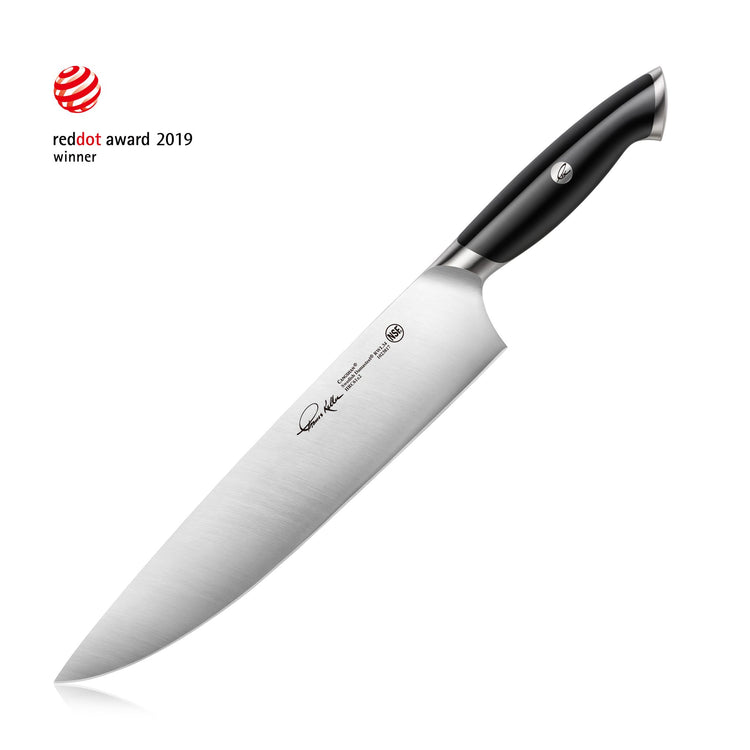 10-inch chef's knife with black ergonomic handle and polished stainless steel blade, Red Dot Award 2019 winner.