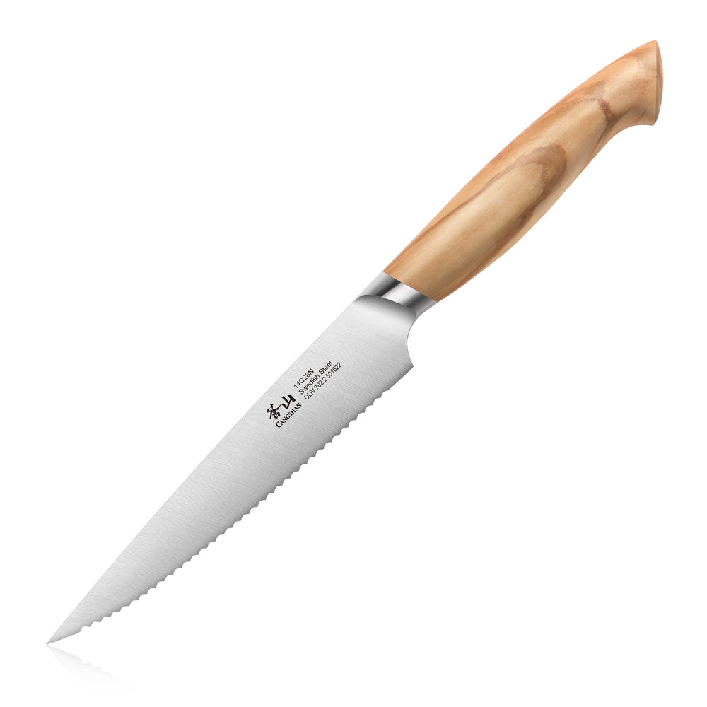 
                  
                    Load image into Gallery viewer, OLIV Series 5-Inch Serrated Utility Knife, Forged Swedish 14C28N Steel, 501622
                  
                