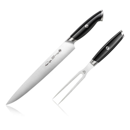 Two-piece carving set with a long stainless steel knife and a two-prong fork, both with black ergonomic handles.