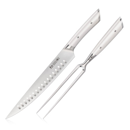 Two-piece carving set with a perforated blade knife and a two-prong fork, both with stainless steel handles.