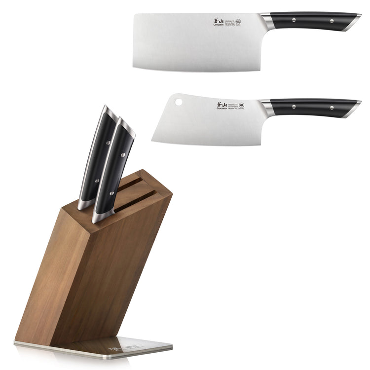 Two cleaver knives with black handles and a wooden knife block holding two knives with black handles.