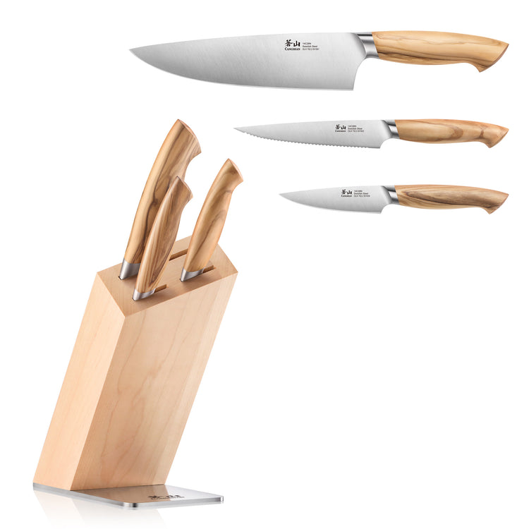 Four-piece knife set with wooden handles and a matching angled wooden block with metal base.