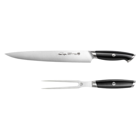 Carving knife and two-prong fork with black handles from Thomas Keller Signature Collection.