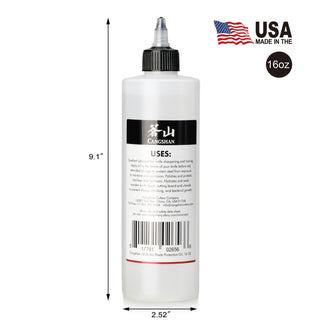 
                    
                      16oz white plastic squeeze bottle with black cap, labeled for blade protection oil, 9.1 by 2.52 inches, made in USA.
                    
                  