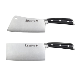 
                    
                      Two cleaver knives with black handles and stainless steel blades, one with a hole near the top corner.
                    
                  