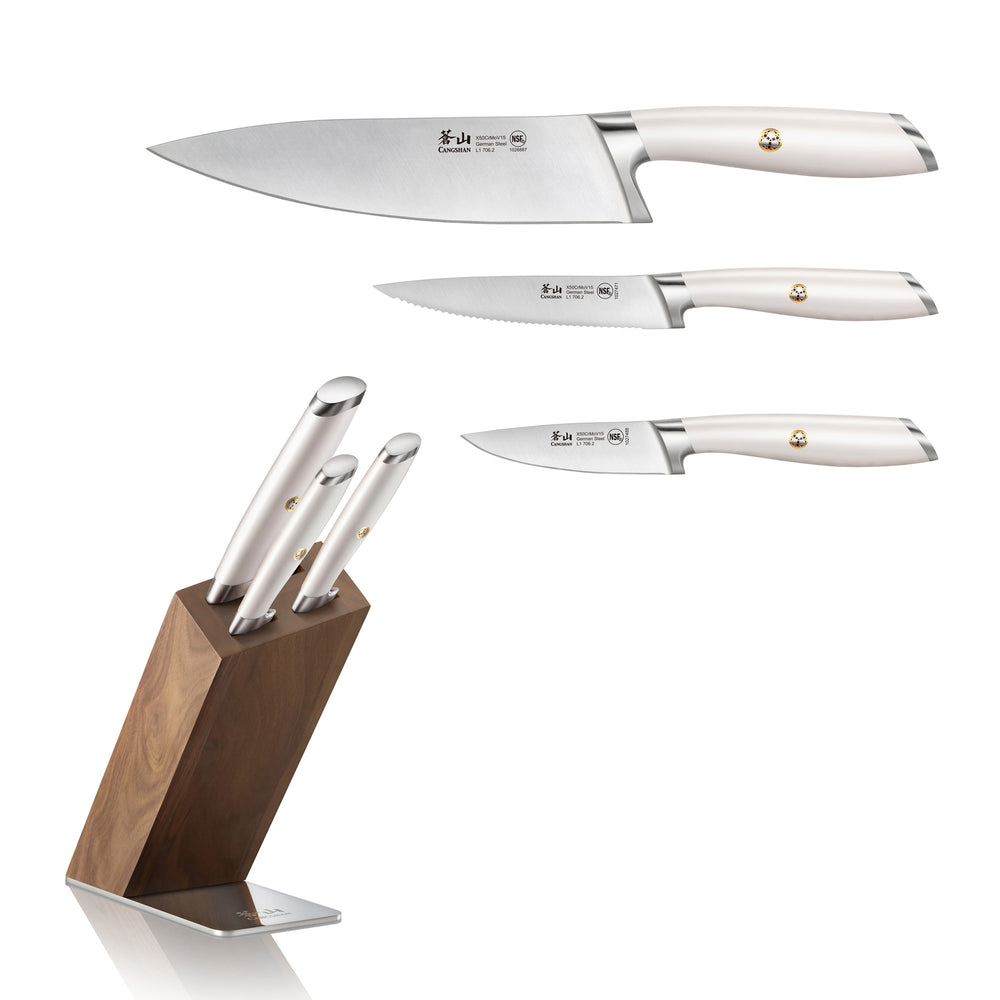 
                  
                    Load image into Gallery viewer, L1 Series 4-Piece Knife Block Set, White, Forged German Steel, HUA Acacia Block, 1026986
                  
                