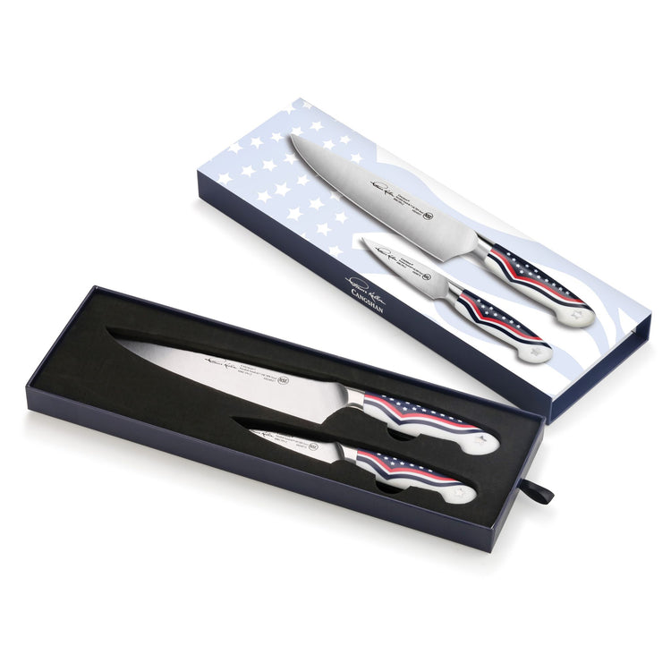 Two-piece knife set with 8-inch chef's knife and 3.5-inch paring knife, featuring American flag design handles in a black foa