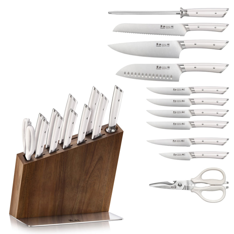 12-piece knife set with white handles, including various knives, kitchen shears, and a wooden block with metal base.