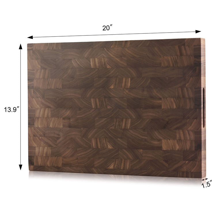 Rectangular walnut end-grain cutting board measuring 20 by 13.9 by 1.5 inches with a side handle slot.
