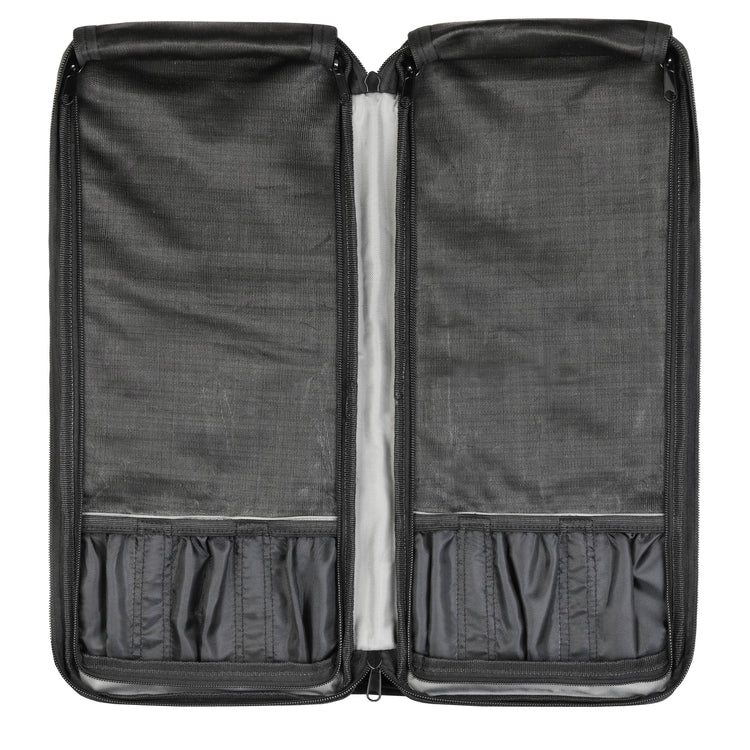 Open black nylon knife bag with multiple elastic slots for holding knives or cutlery, no knives included.
