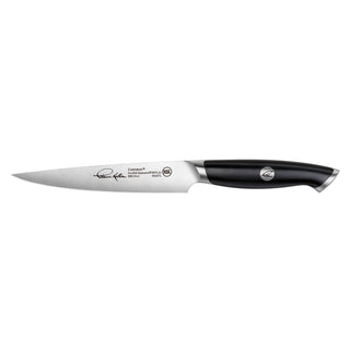 
                    
                      5-inch fine-edge utility knife with black handle and stainless steel blade, Thomas Keller signature on blade.
                    
                  