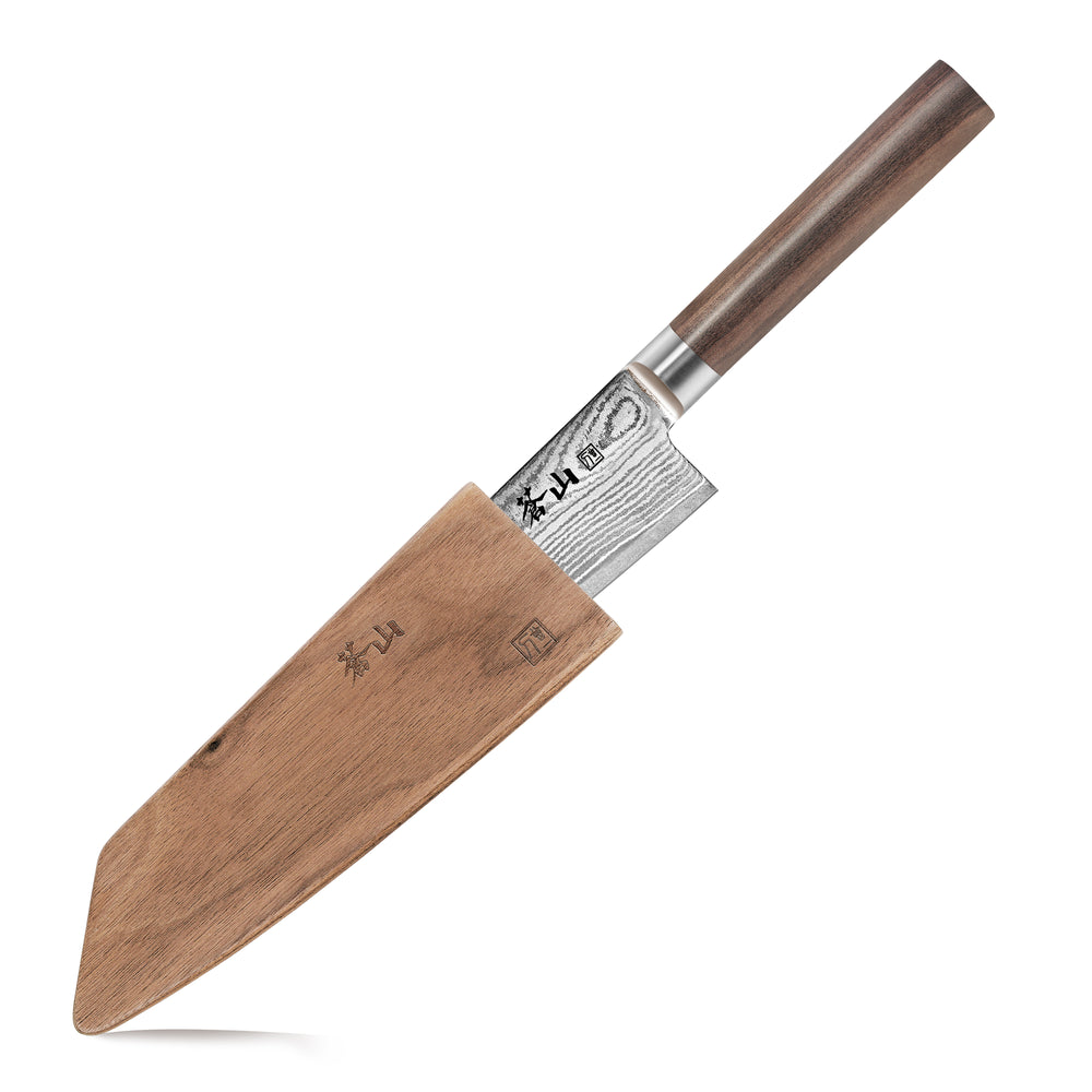 
                  
                    Load image into Gallery viewer, J Series 7-Inch Kiritsuke Knife with Walnut Sheath, Forged X-7 Damascus Steel, 1020052
                  
                