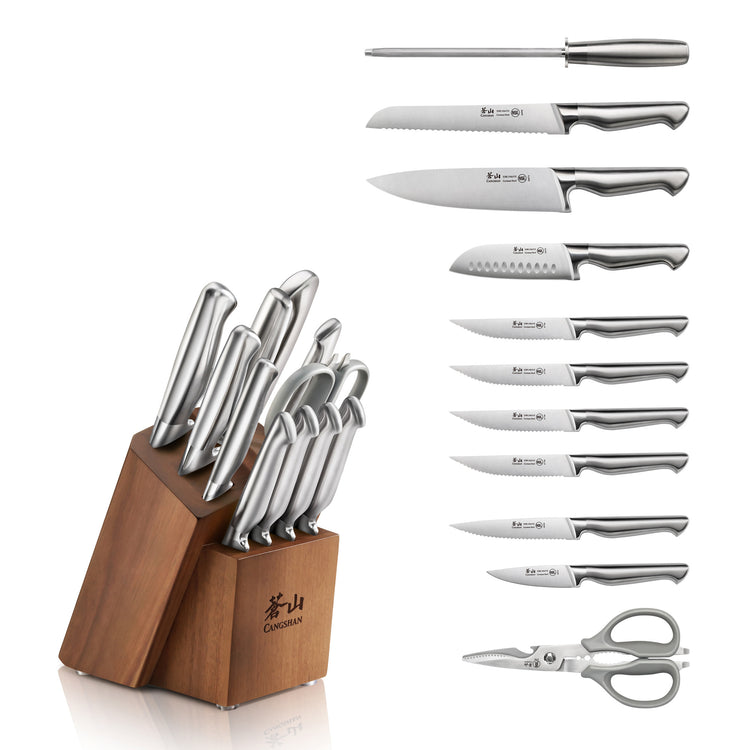 12-piece stainless steel knife set with various blade types, kitchen shears, and wooden block holder.