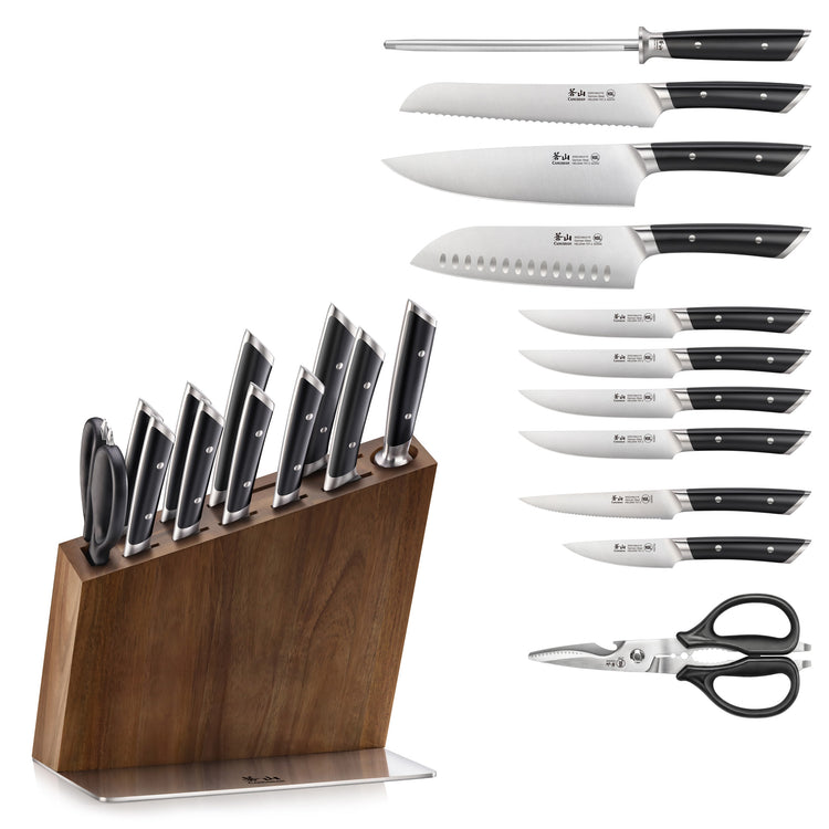 12-piece knife set with black handles, including various knives, sharpening steel, kitchen shears, and acacia wood block.