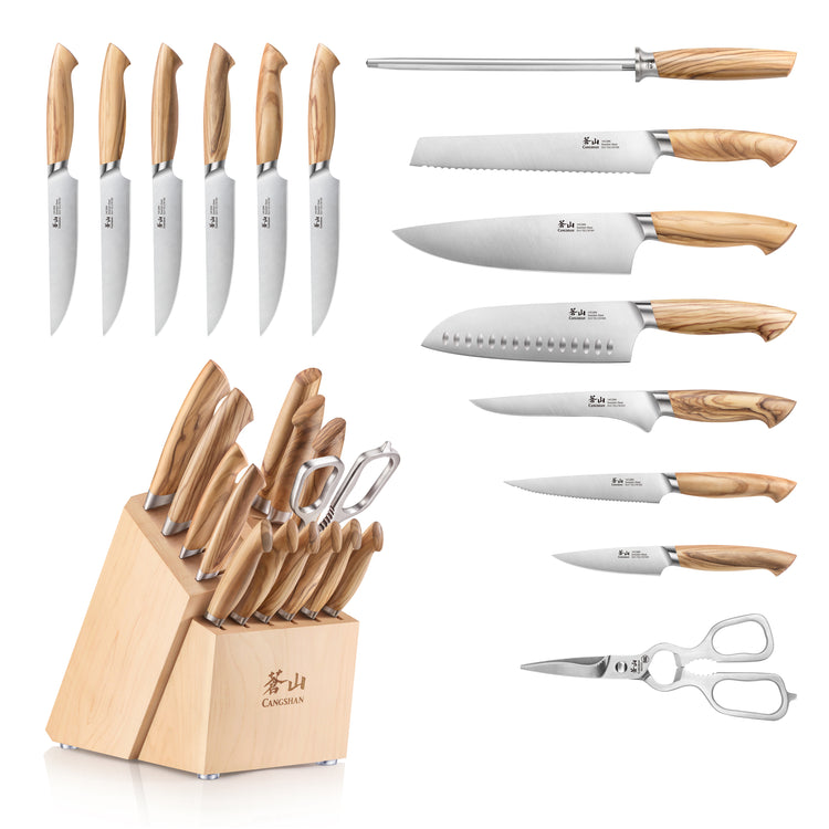 15-piece knife set with wooden handles, including various knives, sharpening steel, kitchen shears, and a wooden block.