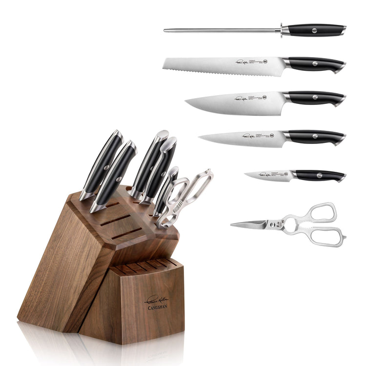 Wooden knife block holding six knives, kitchen shears, and a peeler, with an additional sharpening steel and four knives disp