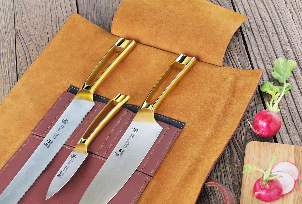 
                  
                    Load image into Gallery viewer, Cangshan N1 Series 62618 4-Piece Leather Roll Knife Set, Gold Plated Handle
                  
                