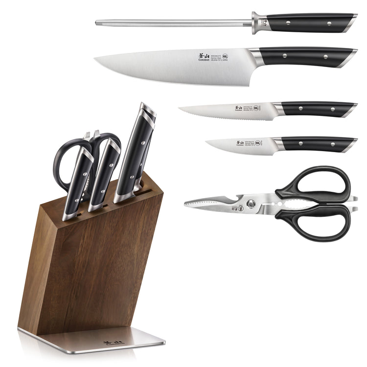 Six-piece knife set with acacia wood block, including chef, paring, utility knives, sharpening steel, and kitchen shears.