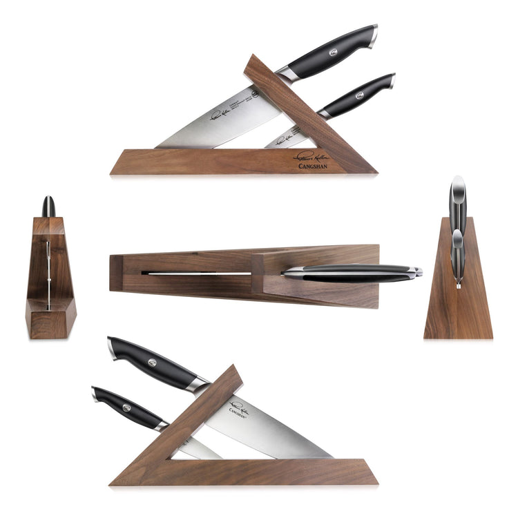 Two black-handled knives in a triangular wooden block with Thomas Keller signature, shown from multiple angles.