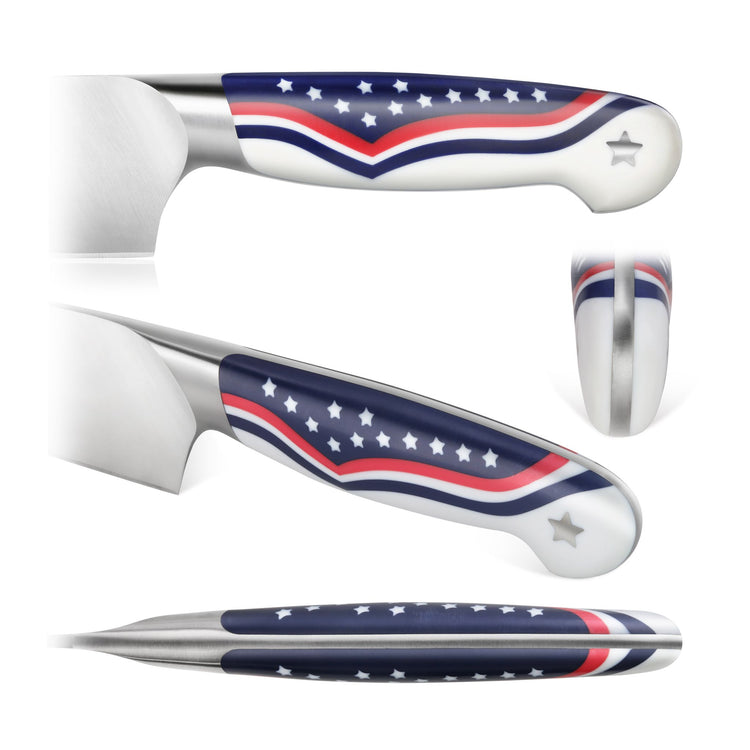 Knife handle with American flag design featuring stars and red, white, and blue stripes, shown from multiple angles.