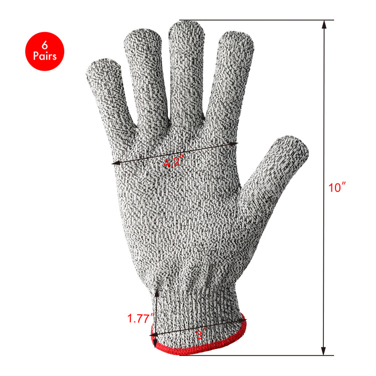 Gray textured cut resistant glove with measurements: 10 inches long, 4.2 inches palm width, 1.77 inches wrist height, size la