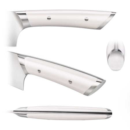 White ergonomic knife handle with stainless steel bolsters and rivets shown from multiple angles.