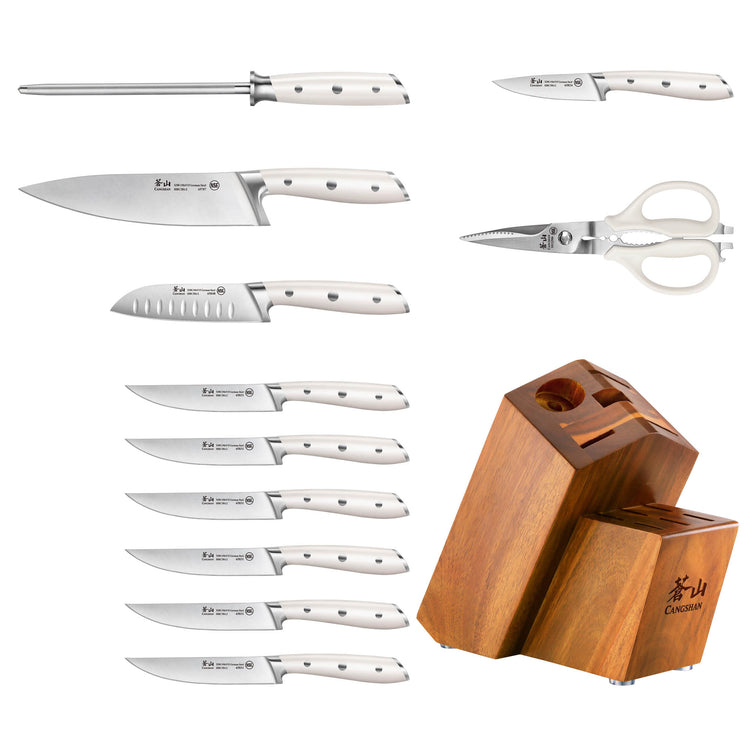 Twelve-piece knife set with white handles, including various knives, kitchen shears, sharpening rod, and wooden block.