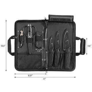 
                    
                      Black knife bag open to show seven-piece knife set with scissors, sharpener, and four knives in individual pockets.
                    
                  