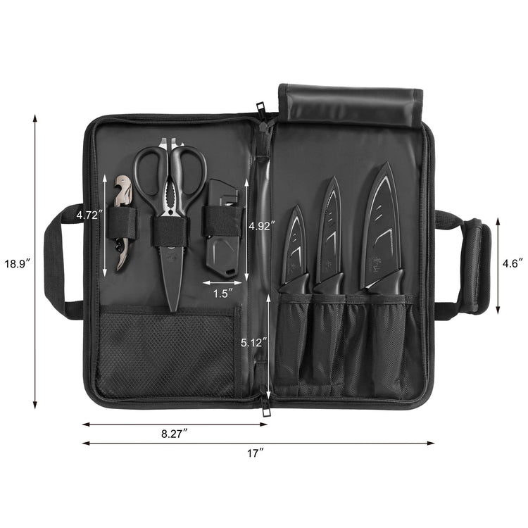 Black knife bag open to show seven-piece knife set with scissors, sharpener, and four knives in individual pockets.