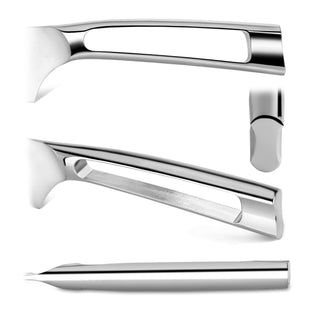 
                    
                      Close-up views of a sleek, stainless steel knife handle with an open rectangular cutout design.
                    
                  