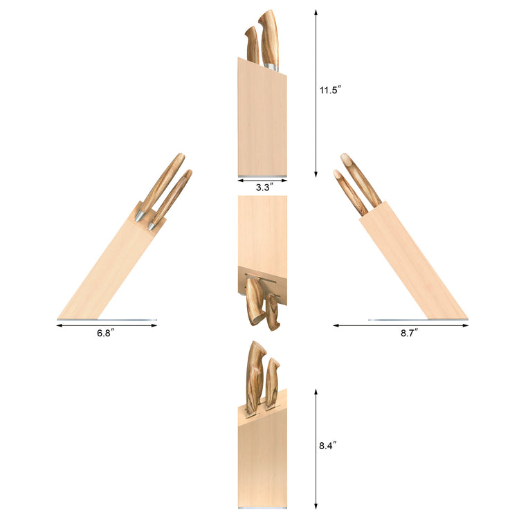 Four knives with wooden handles stored in a rectangular maple block shown from multiple angles with dimensions.