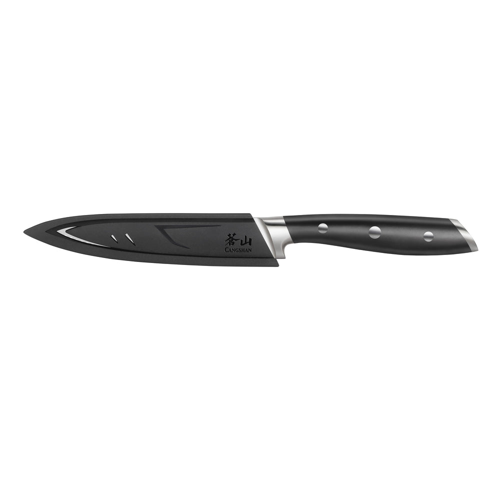 
                  
                    Load image into Gallery viewer, ALPS Series 5-Inch Serrated Utility Knife with Sheath, Forged German Steel, Black, 502759
                  
                