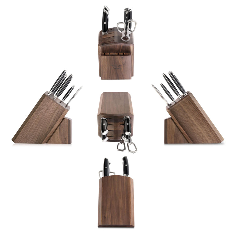 Wooden knife block set with seven knives, kitchen scissors, and eight empty slots, shown from five angles.