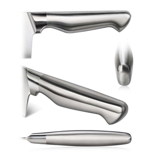 
                    
                      Stainless steel knife handle shown from side, angled side, and top views with smooth ergonomic design.
                    
                  