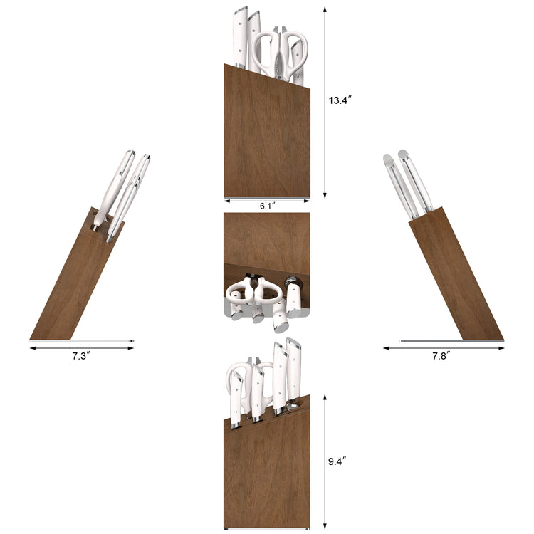 Knife block set with white-handled knives and scissors in a wooden acacia block, shown from multiple angles with dimensions.